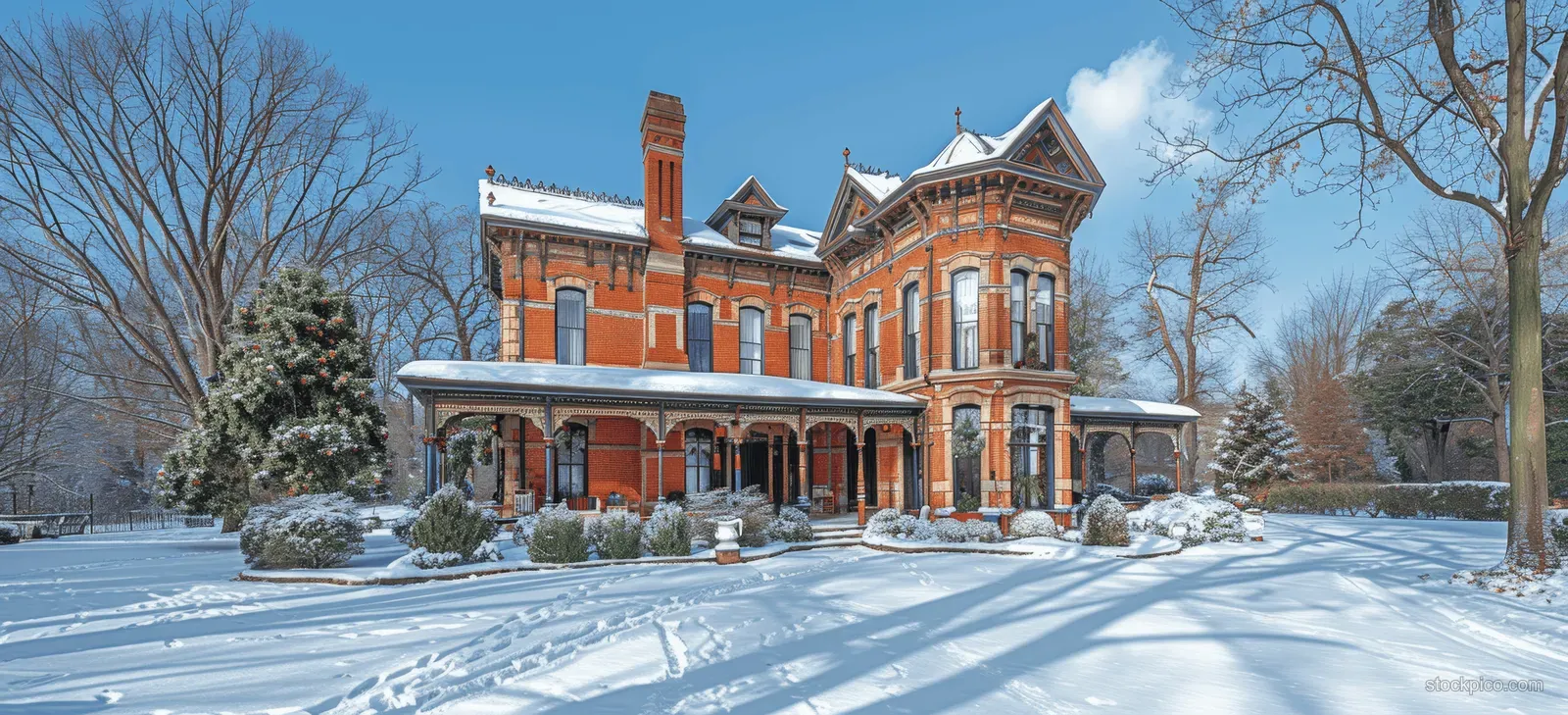 Snow-covered Victorian red brick house with porch, dormer windows, and bare trees under a blue winter sky.