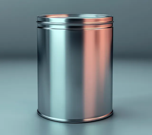 Reflective silver olive oil tin cylinder mockup standing on a gray studio surface under soft lighting.