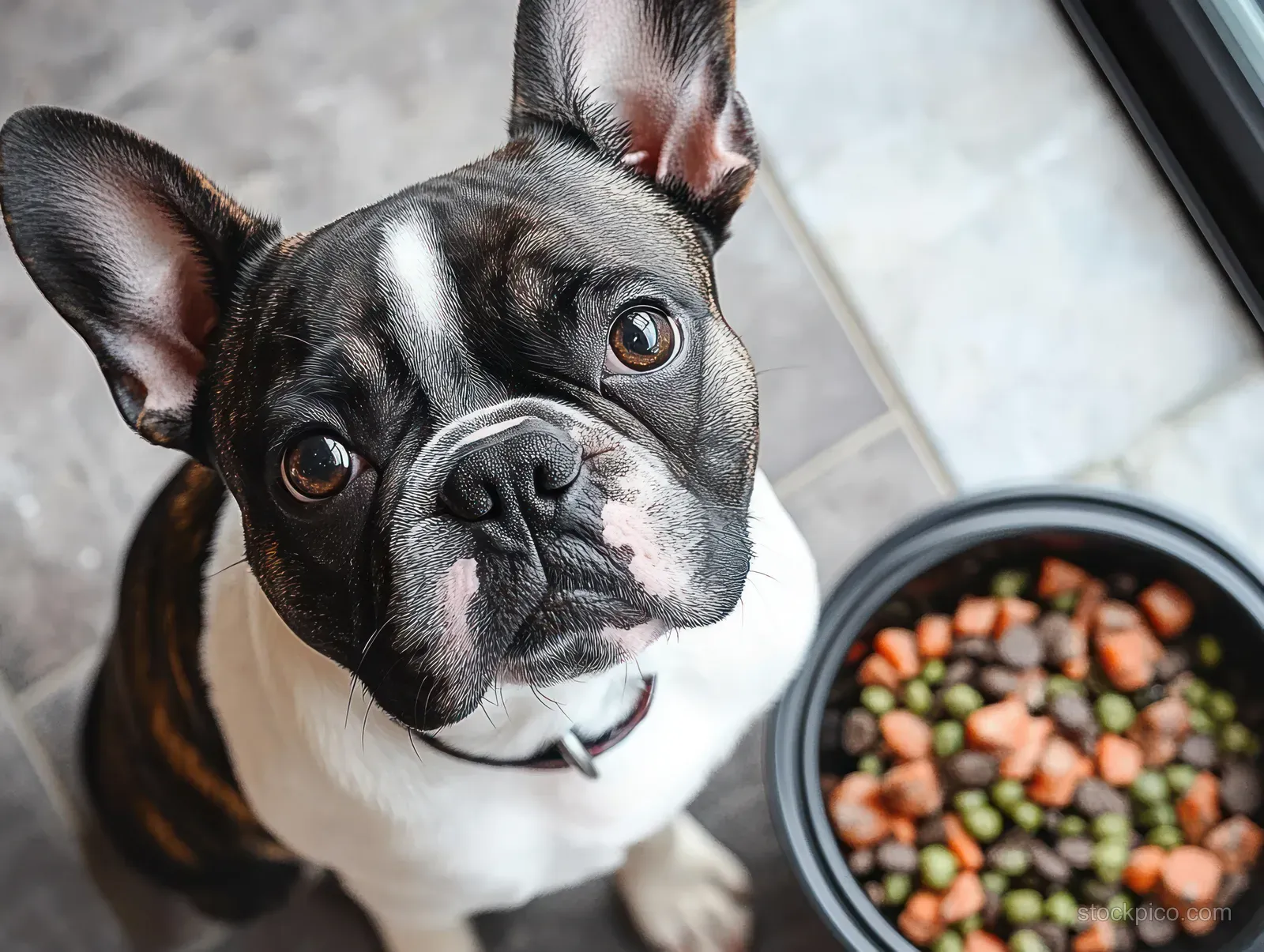 French bulldog sitting near a bowl of mixed food on a tiled floor under soft daylight.