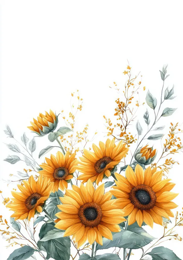 Watercolor sunflower bouquet with soft botanical border and airy summer leaves