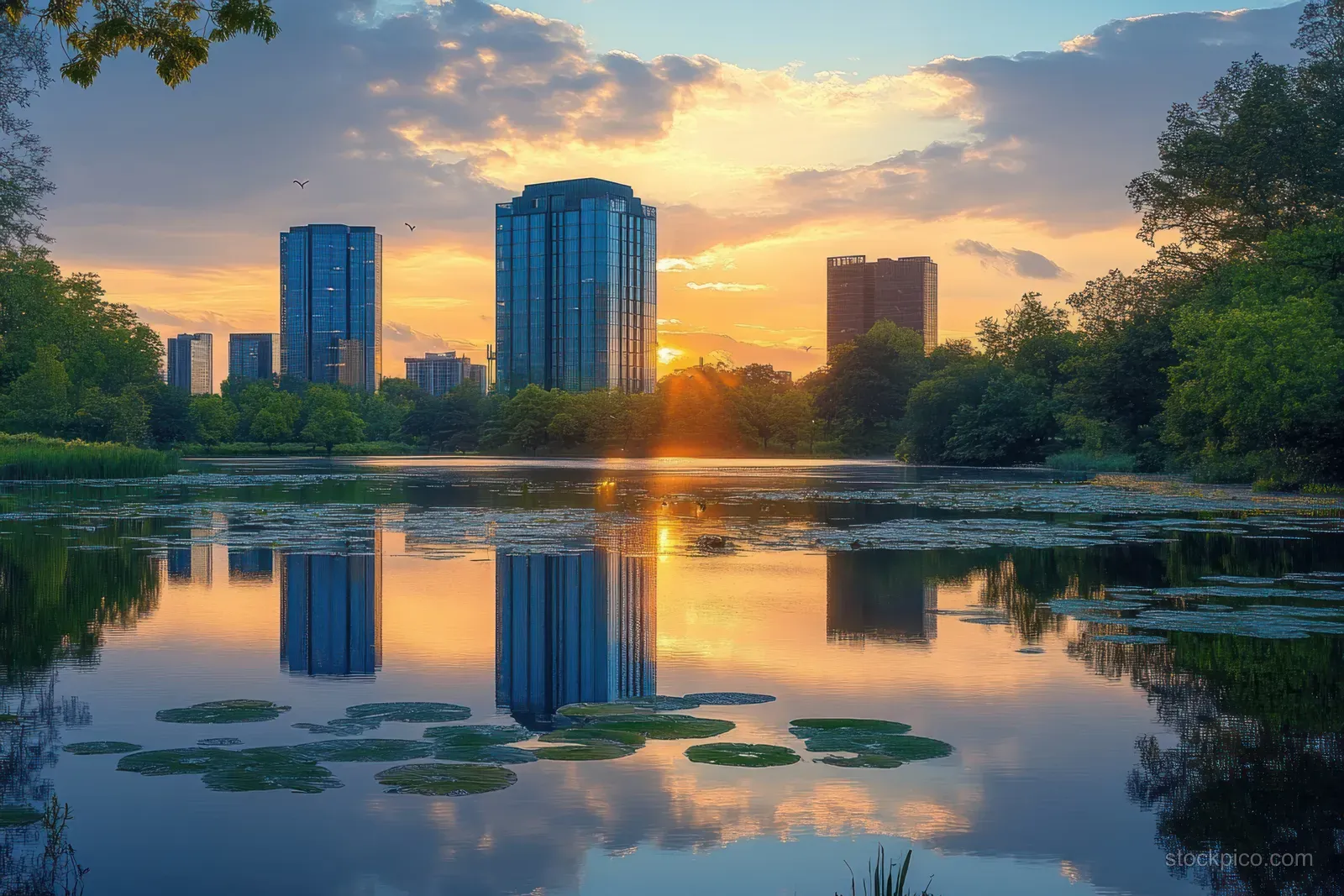 Sunset over Bloomington skyline reflected on a calm lake beside green trees and lily pads.