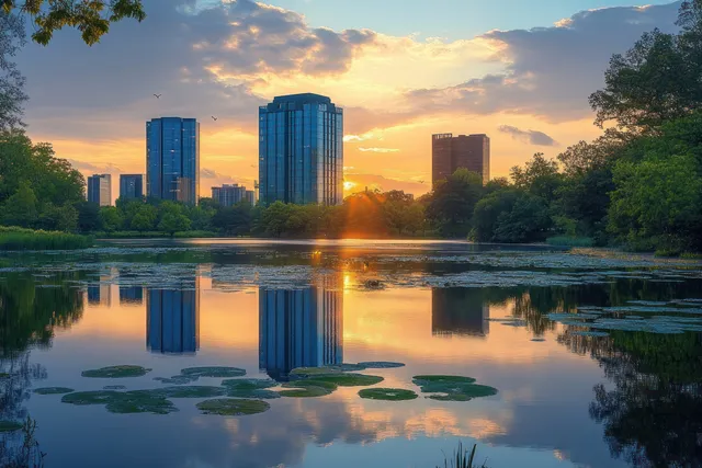 Lakeside sunset over Bloomington Minnesota skyline with reflections on calm lake