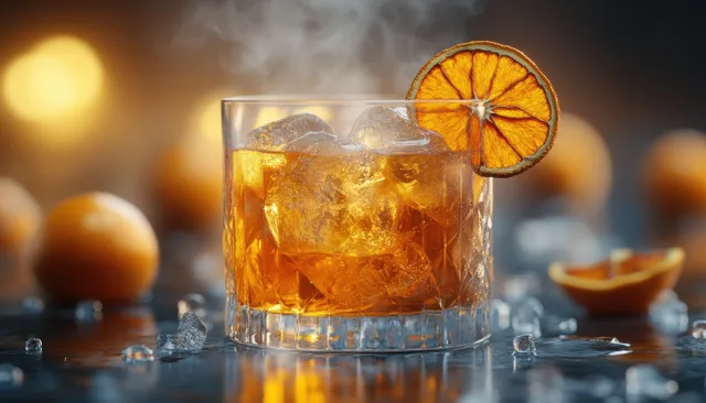 Smoky Old Fashioned cocktail with ice cubes and orange slice, warm pub lighting