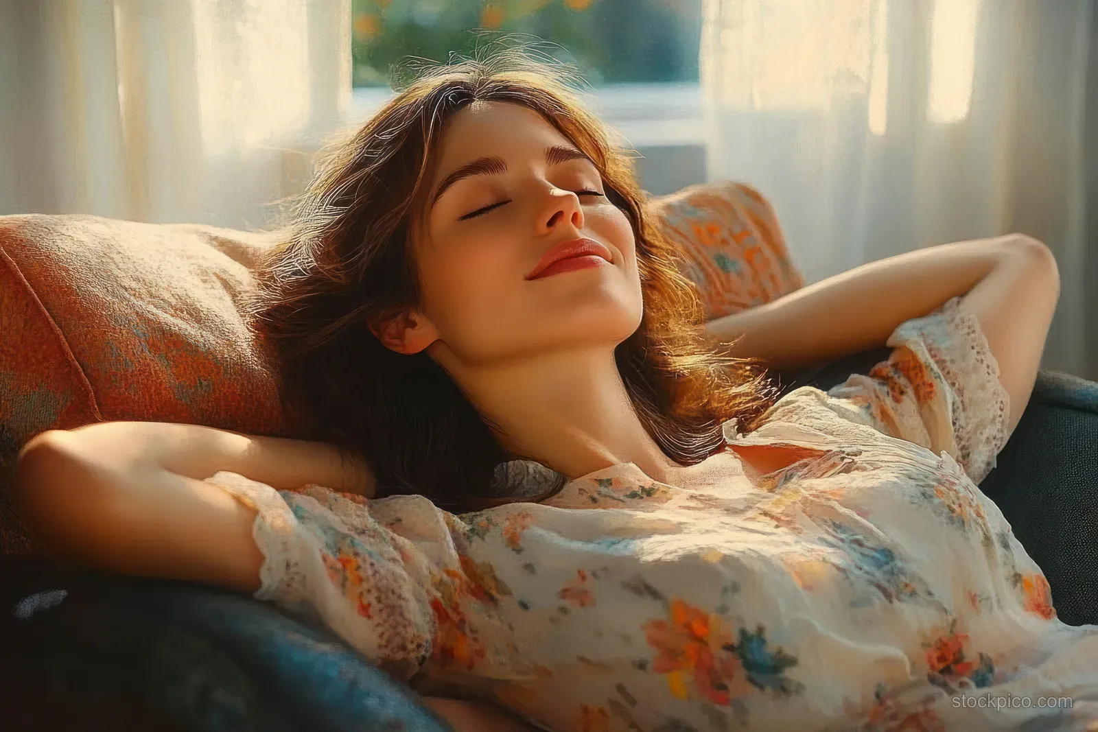 A woman lies on a couch with eyes closed, breathing slowly in warm sunlight.