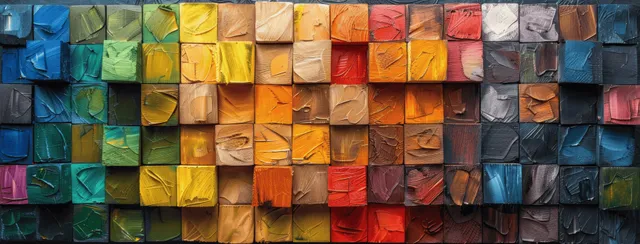 Rainbow wall of stacked wooden blocks with carved cube textures and bold color gradients