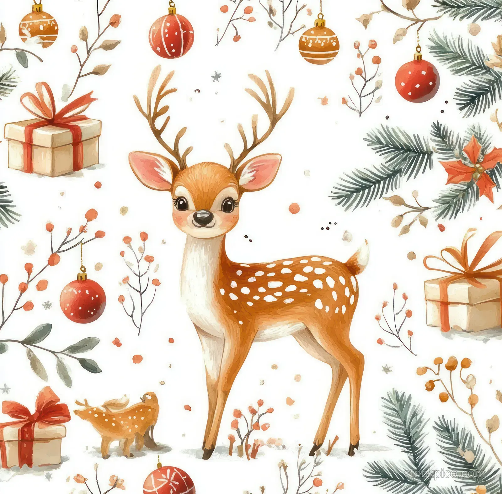 Young reindeer with white spots stands centered among pine branches, gift boxes, red baubles, and winter berries.