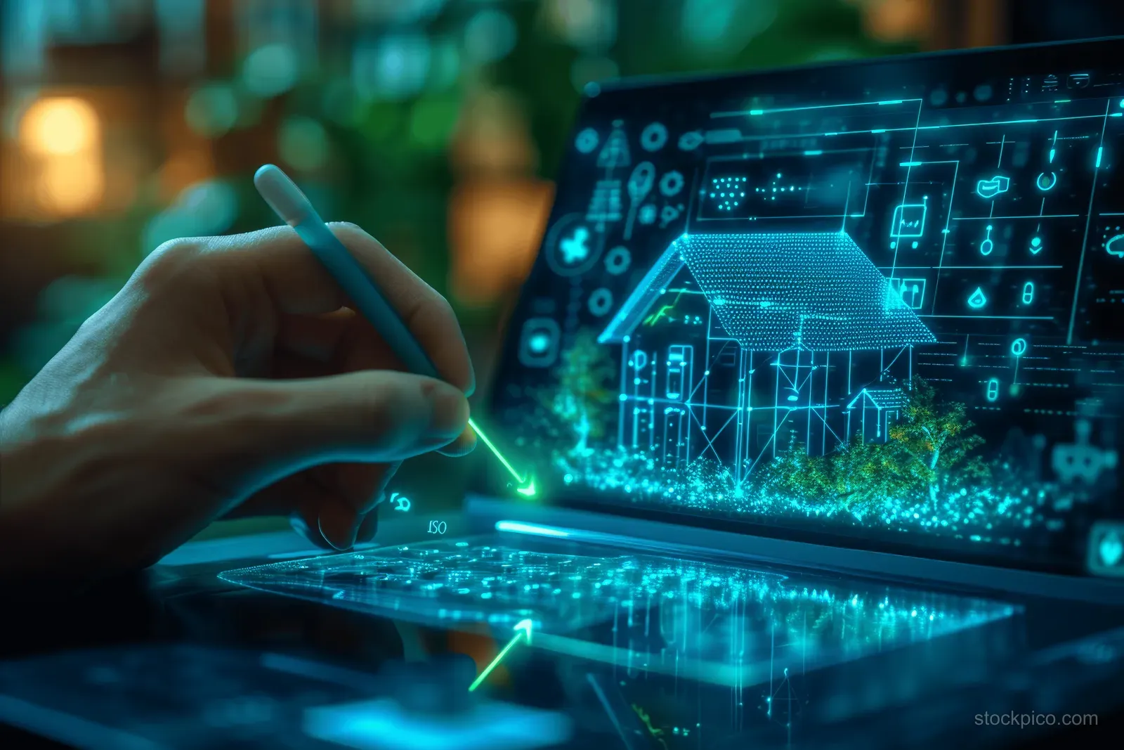 Man points at a laptop screen showing energy efficiency charts and a glowing home model.