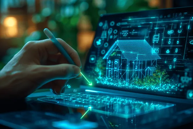 Man points at a laptop screen showing energy efficiency charts and a glowing home model.