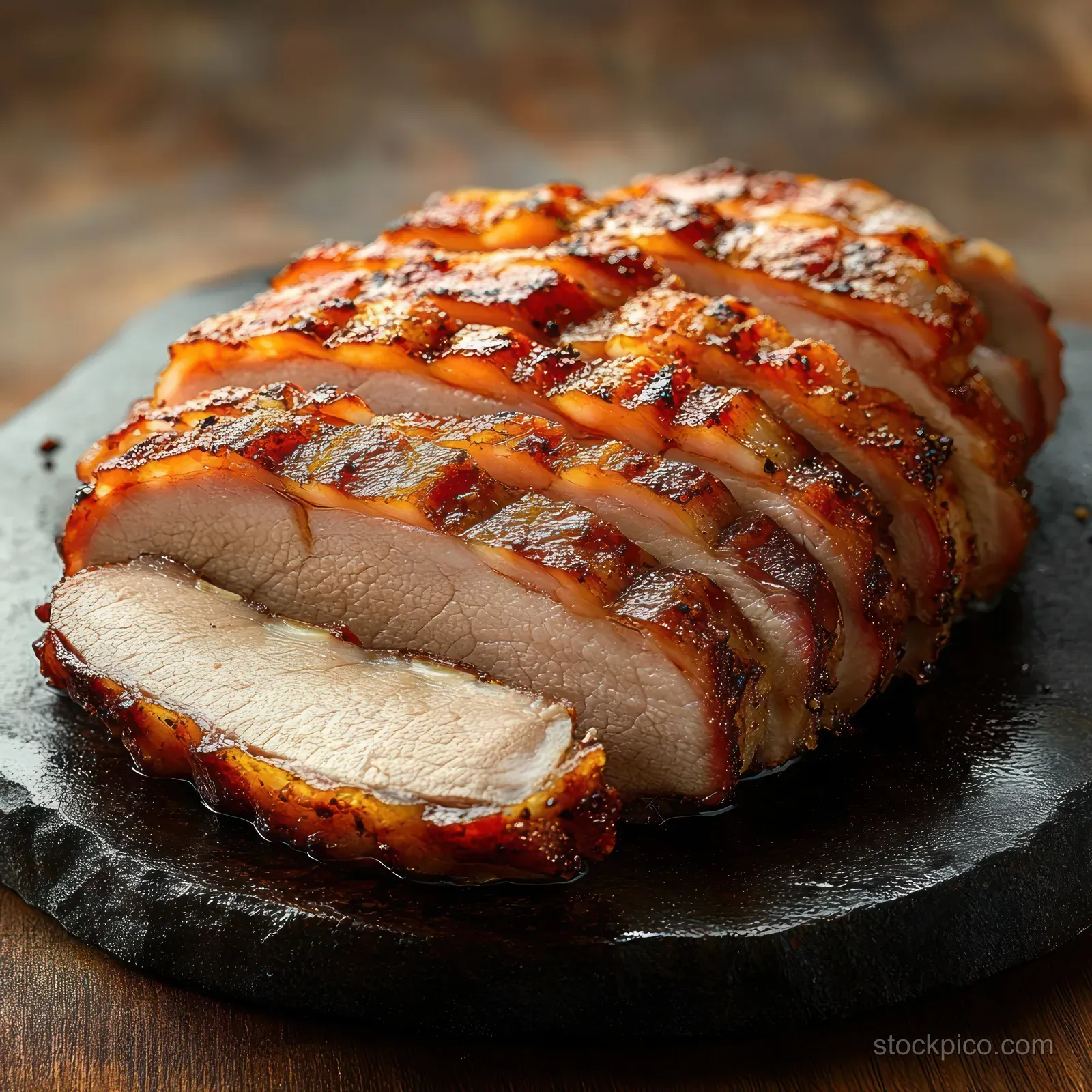 Sliced grilled glazed pork loin rests on a dark stone board with caramelized edges and smoky browned crust.