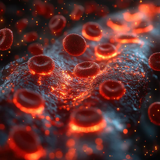 3D red blood cells and white blood cells flow through a glowing microvessel with shimmering particles.