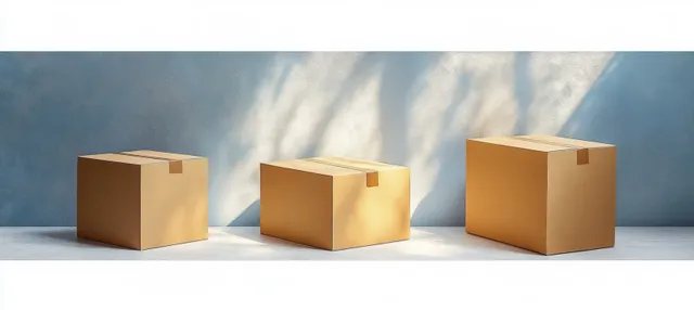 Three brown cardboard shipping boxes stand on a white surface under soft warm light.