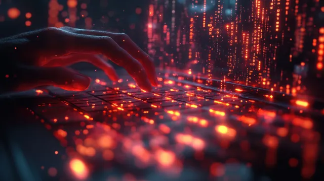 A programmer's hand types on a laptop amidst glowing digital code and neon cyberpunk lighting in a futuristic setting.