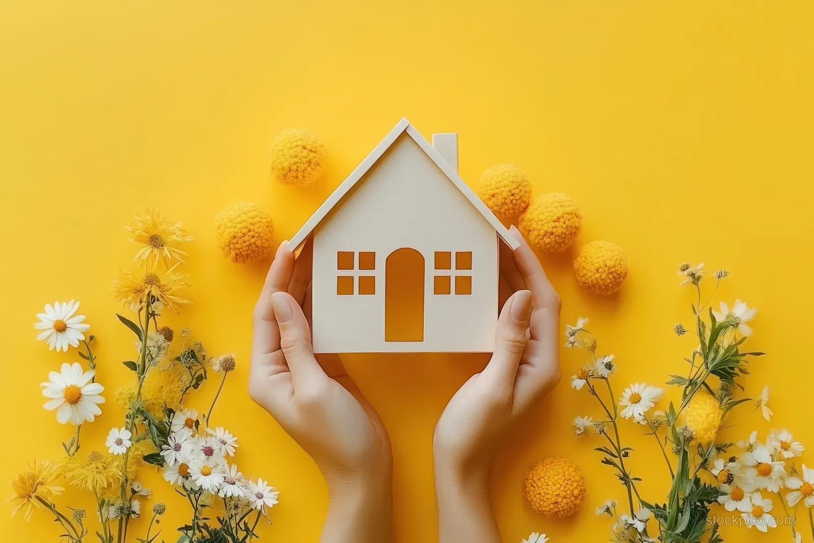 Hands hold a small white paper house surrounded by yellow pom-poms and daisies on a bright yellow background.