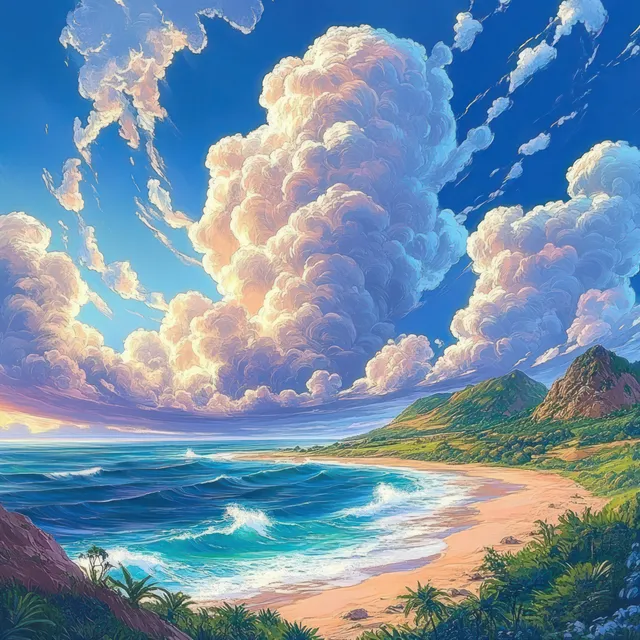 Coastal beach landscape with waves crashing into golden sand beneath dramatic cumulus clouds