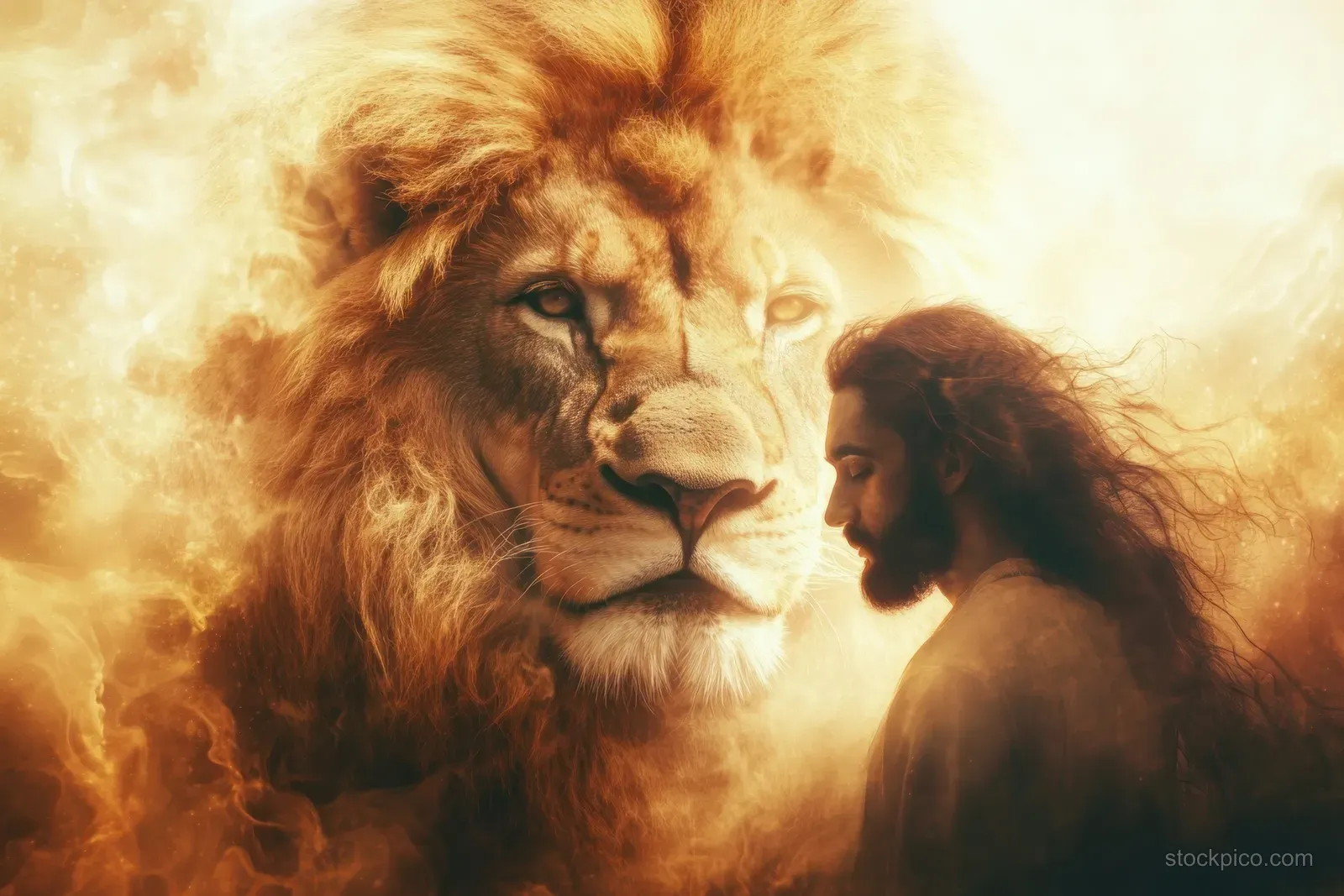 Golden mist surrounds a lion and human silhouettes in a dreamy, worshipful spiritual scene.