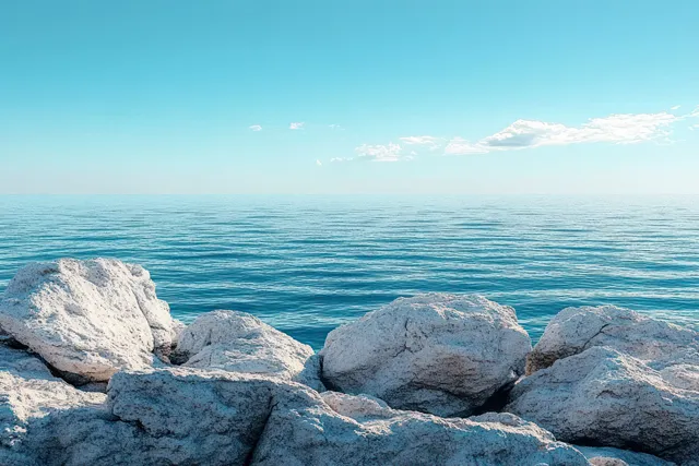 Calm ocean waves at blue horizon with large light rocks on a quiet rocky shore