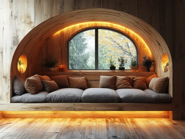 Scandinavian alcove living room with arched wooden wall, warm lights, and a window showing trees.