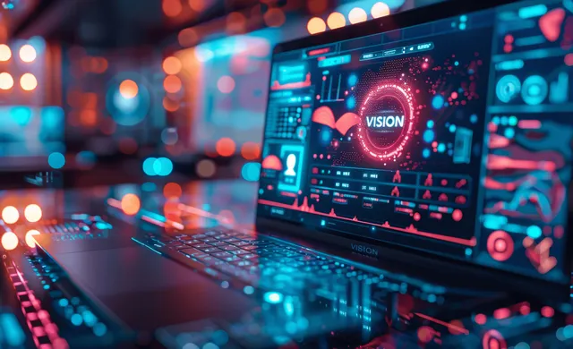 A laptop screen shows an AI vision dashboard with glowing HUD charts in a dark data lab.
