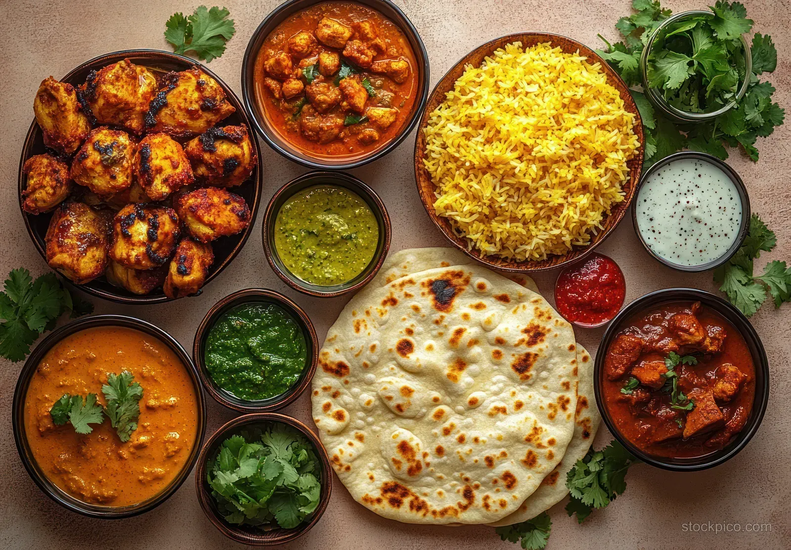 Indian food spread with grilled chicken, curries, yellow rice, flatbread, chutneys, and raita garnished with cilantro.