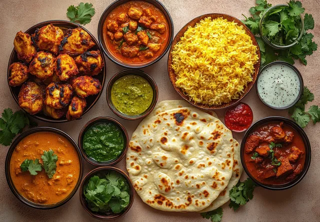 Indian food spread with grilled chicken, curries, yellow rice, flatbread, chutneys, and raita garnished with cilantro.