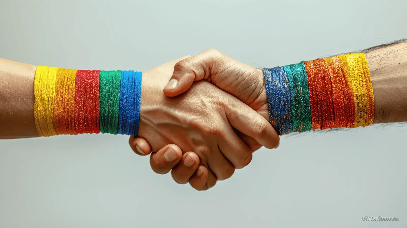 Two hands shake while both wrists wear colorful rainbow wristbands against a light background.