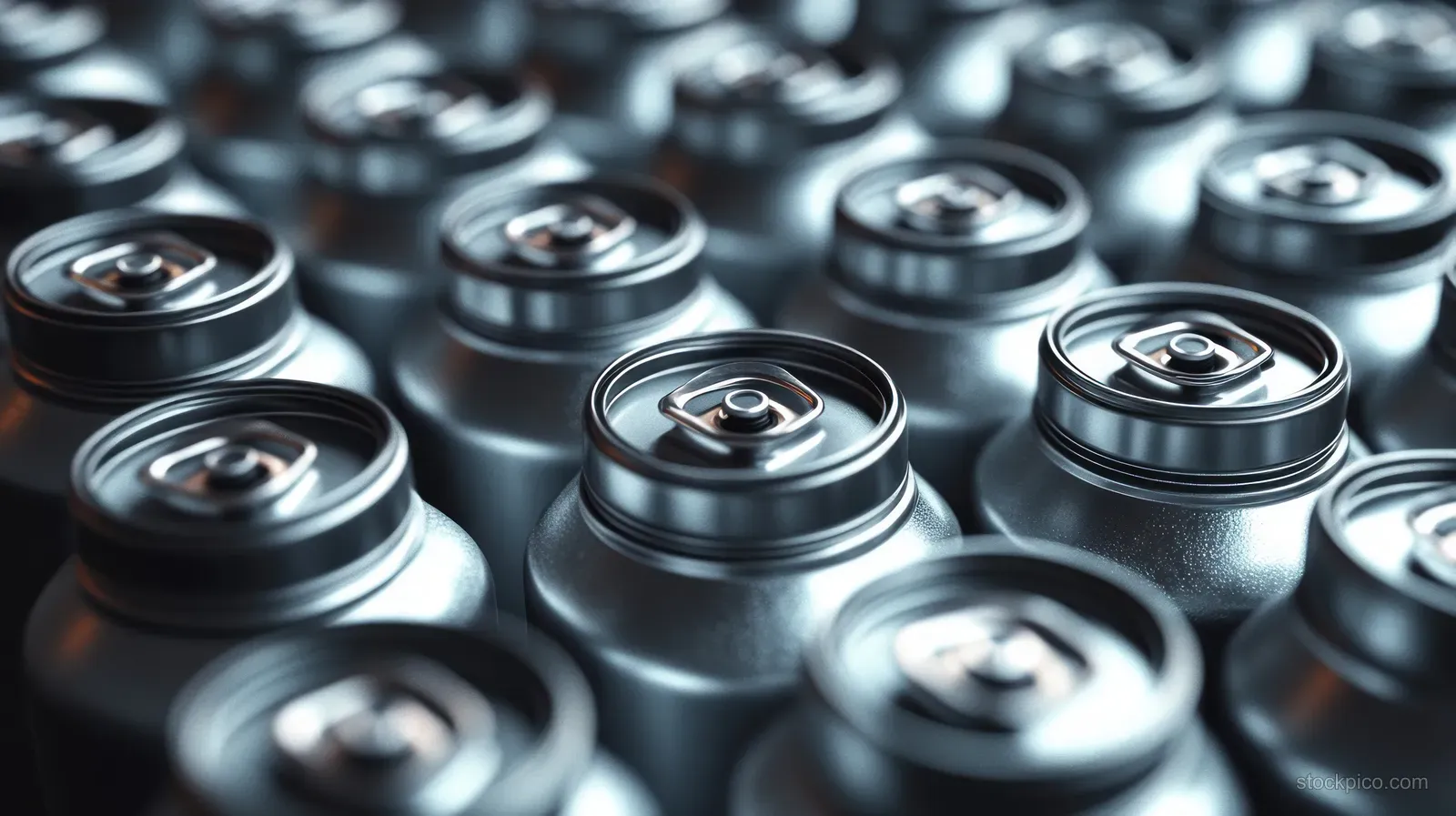 Tightly packed sealed metallic beverage cans with pull tabs reflecting light on smooth silver tops.