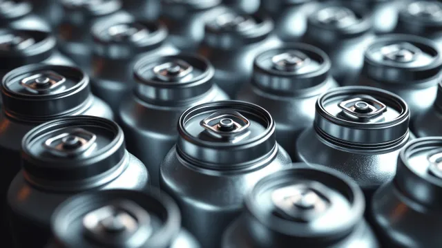 Tightly packed sealed metallic beverage cans with pull tabs reflecting light on smooth silver tops.
