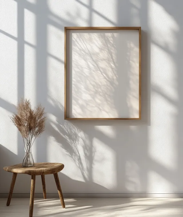 Minimal wooden frame mockup on white wall with sunlit shadows and empty interior space