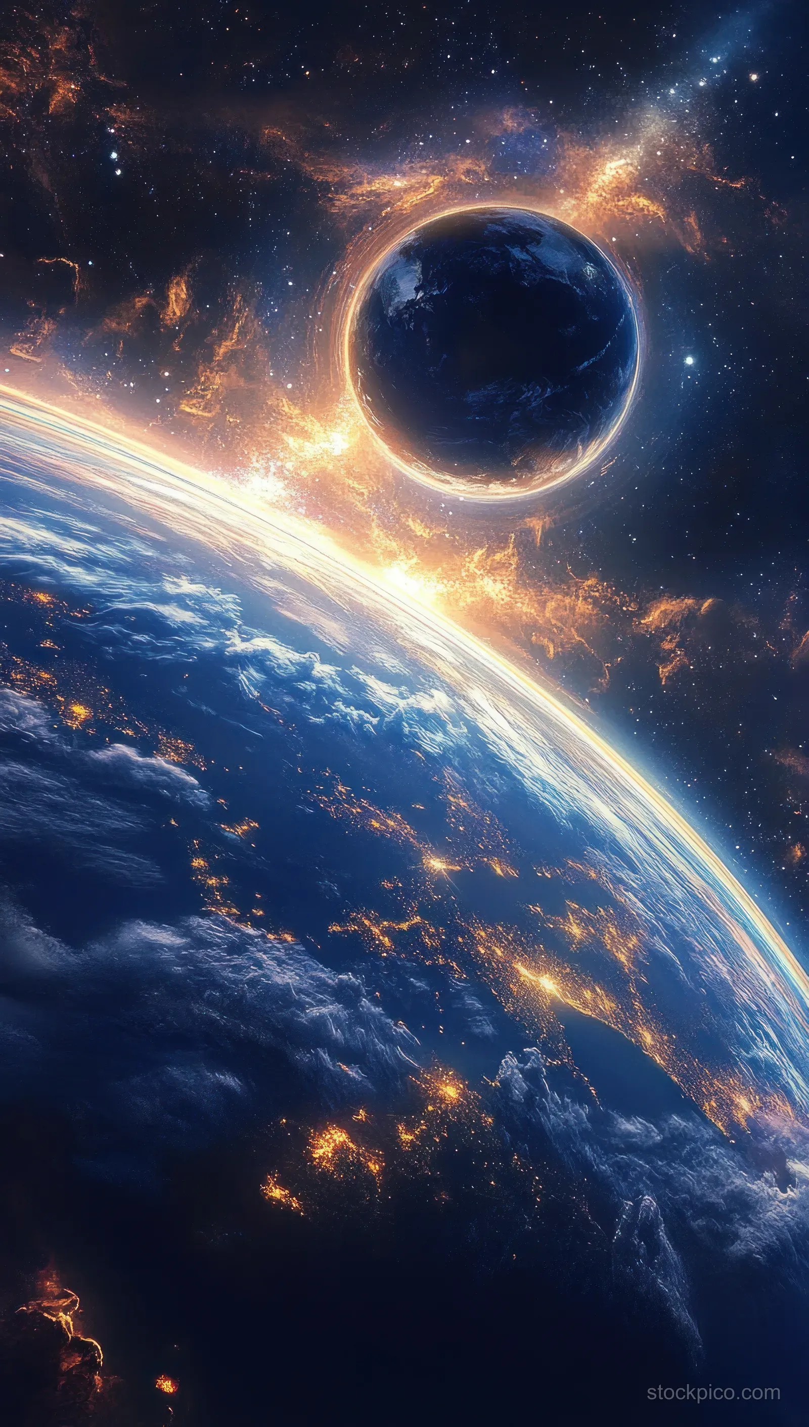 Earth seen from space with illuminated city lights, glowing clouds, and stars filling a dark cosmic background.