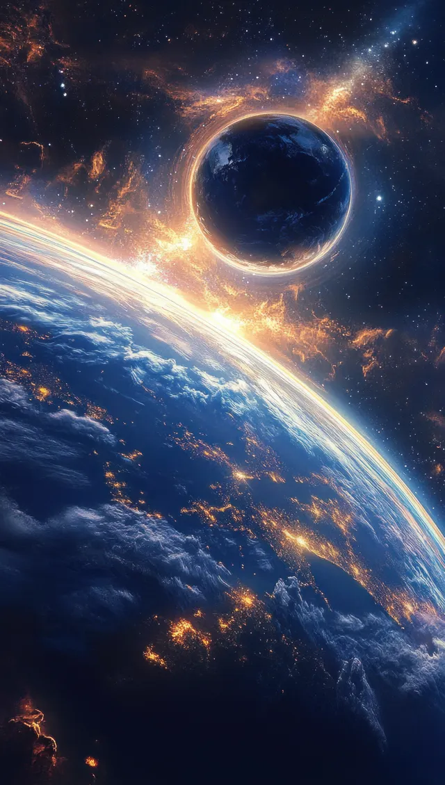 Earth seen from space with illuminated city lights, glowing clouds, and stars filling a dark cosmic background.