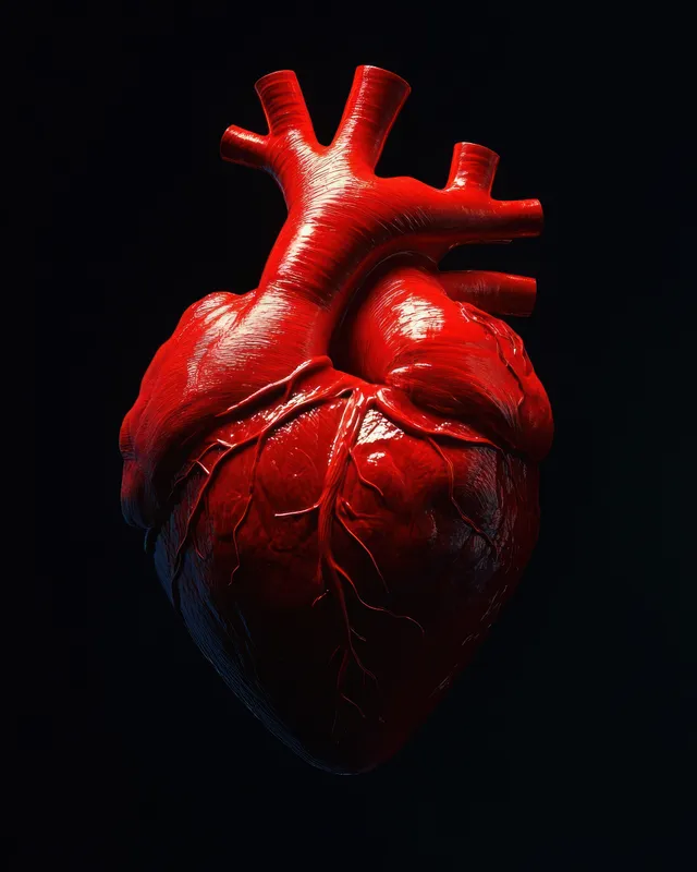 Illuminated 3D human heart model with visible arteries and veins on a black background.