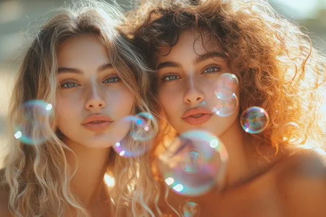 Two friends blow soap bubbles in a sunny park, with glittering bubbles floating between them.