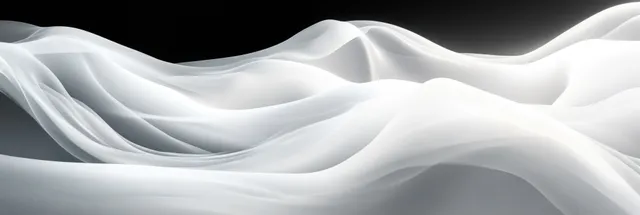 White wave ribbon curves ripple across a black and white gradient background with soft glossy lighting.
