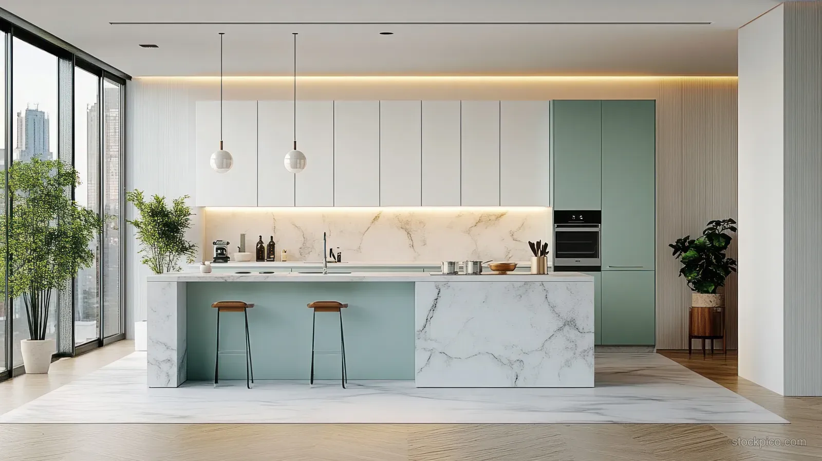 Sunlit minimalist kitchen with marble island, pastel green cabinets, pendant lights, and a large window showing a city skyline.