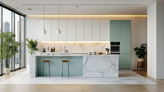 Sunlit minimalist kitchen with marble island, pastel green cabinets, pendant lights, and a large window showing a city skyline.