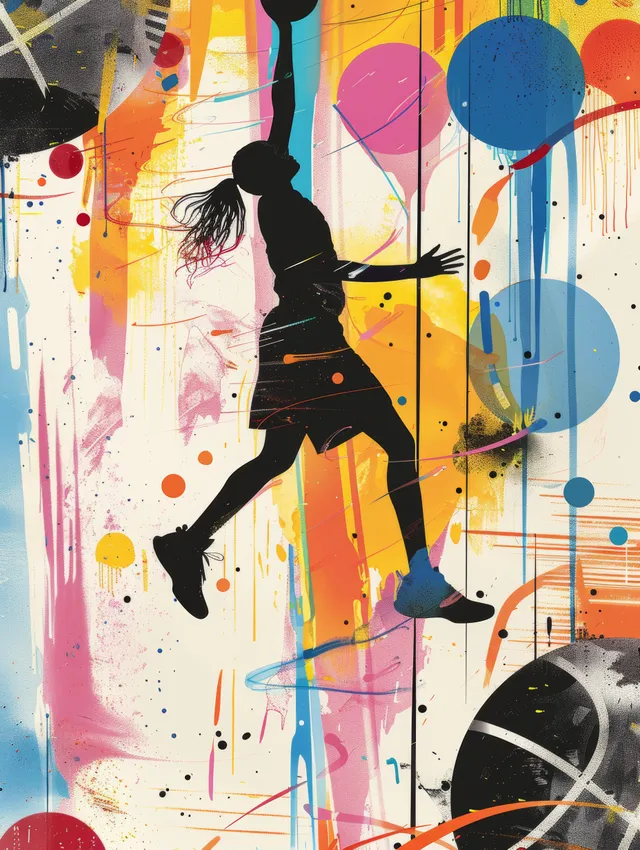 Silhouetted woman basketball player sprinting across a graffiti collage poster with bright paint splashes and court lines.