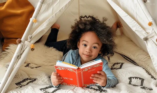 Curly-haired child smiling while reading a red picture book inside a white play tent at home.