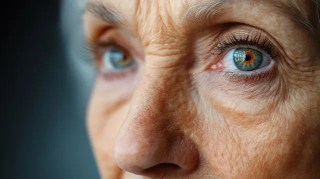 Close-up portrait of smiling elderly woman with bright blue eyes and grey hair