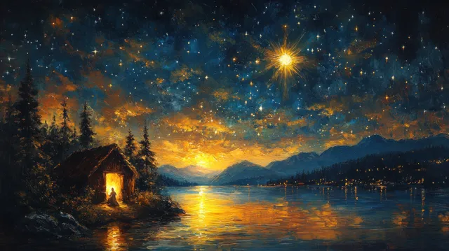 Star-lit nativity scene with glowing holy family watercolor beside a quiet lakeside chapel