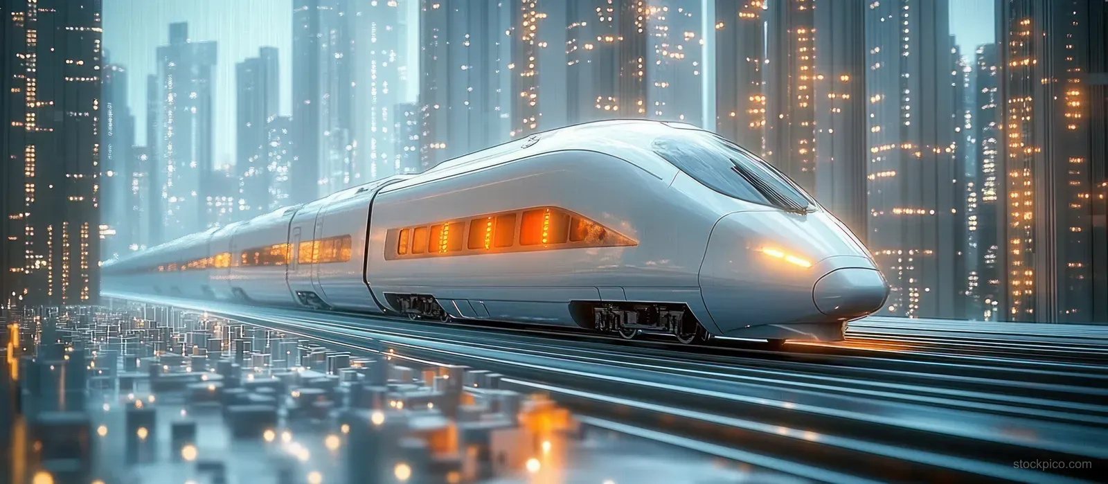 A futuristic high-speed train speeds through a neon-lit night city, passing glowing skyscrapers with light trails.