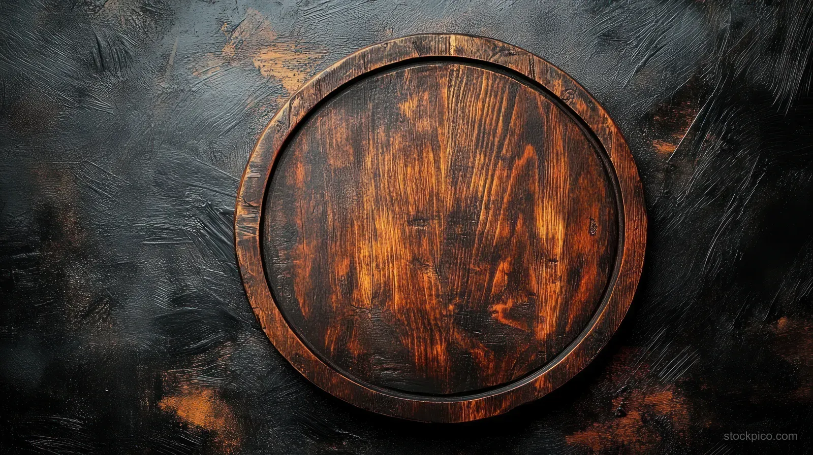 Overhead of a round rustic wooden barrel tray resting on a dark textured background with visible wood grain.