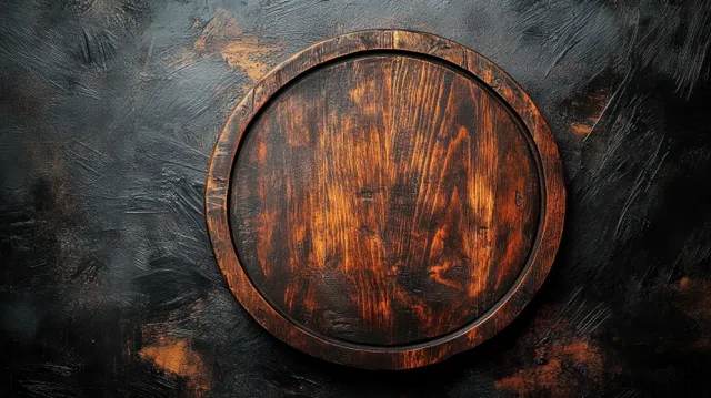 Top view of rustic wooden barrel tray on dark textured background with warm highlights