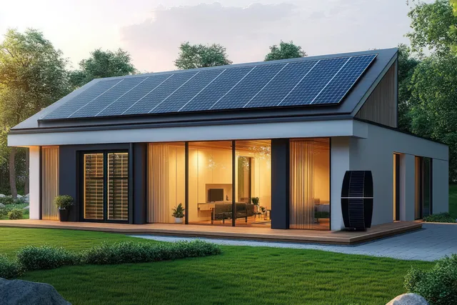 Modern single-story house with solar panels and warm window light surrounded by green trees at sunset.