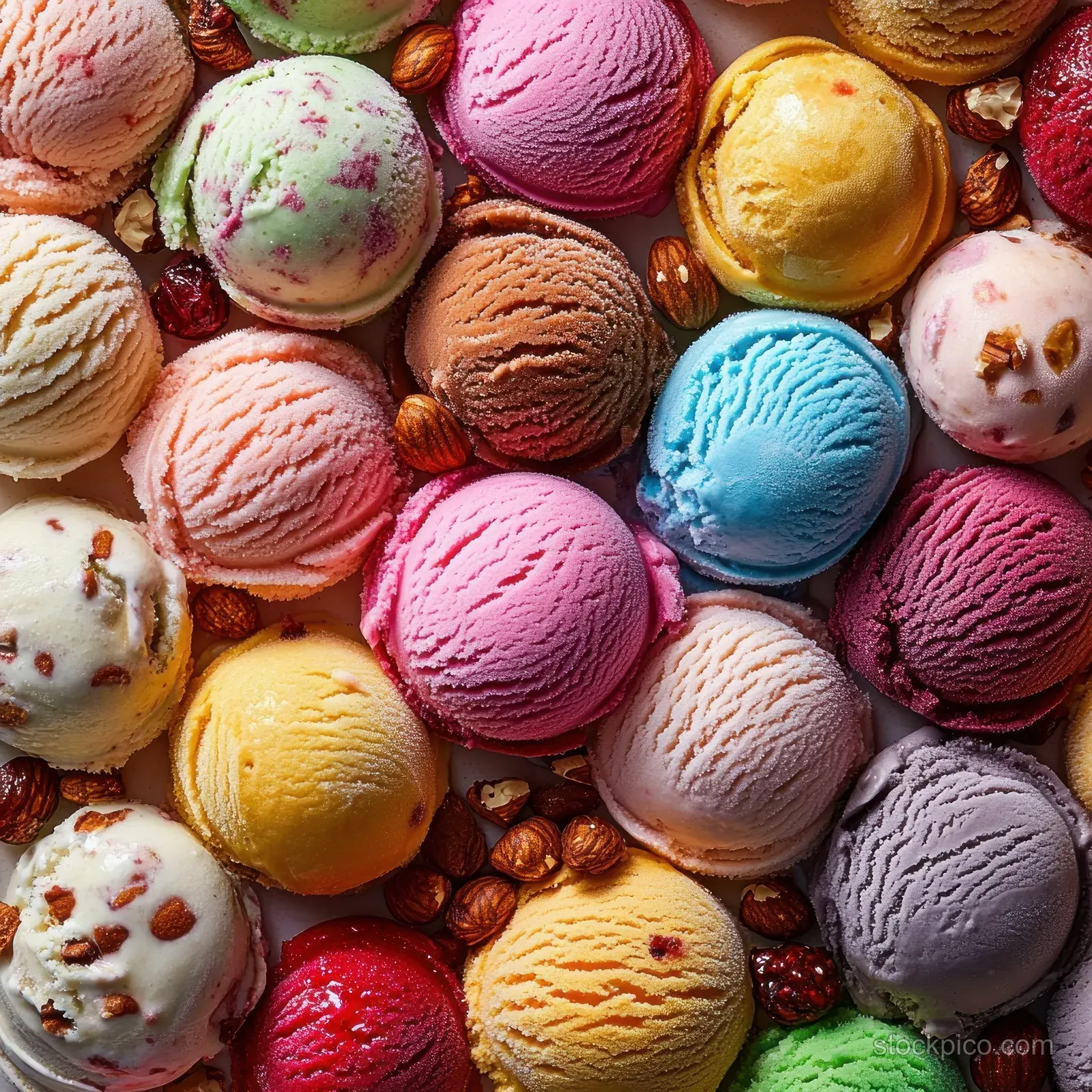 Top view of assorted colorful ice cream scoops with nuts and dried fruits scattered around them.
