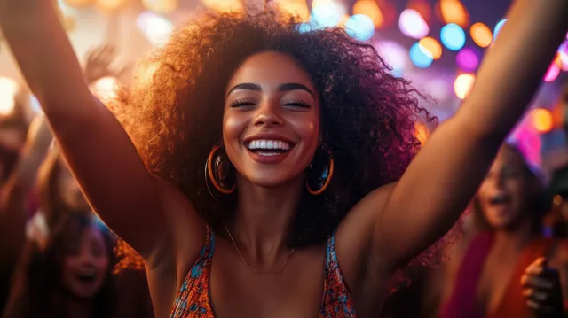 Curly-haired woman with arms raised smiles at a colorful nighttime party with a blurred cheering crowd behind.