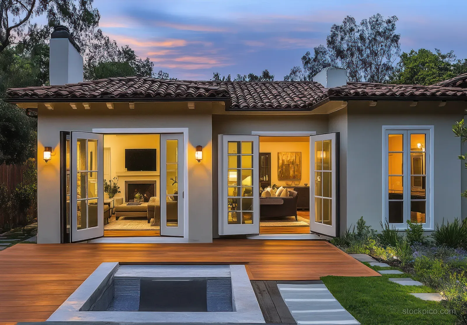 Modern single-story house at dusk with open French doors, warm-lit living room, and wooden deck around a recessed water feature.