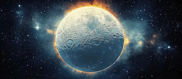 A glowing full moon with crater details hovers above a starry cosmic backdrop with vibrant nebula light.