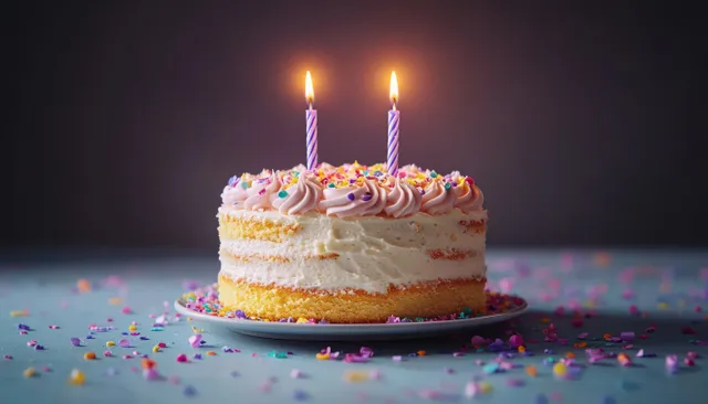 Small birthday cake with pink frosting and colorful sprinkles, two lit candles, and confetti scattered on a plate.