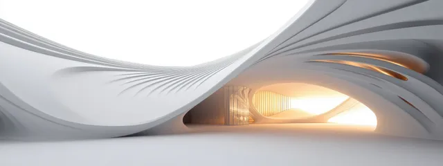 Futuristic curved architecture interior with glowing ambient light and smooth wave surfaces