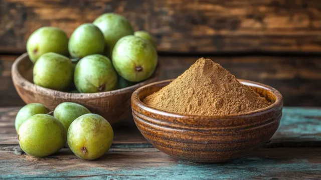Amla powder in wooden bowl beside fresh gooseberries on rustic table with warm earthy tones with Natural Health Wellness